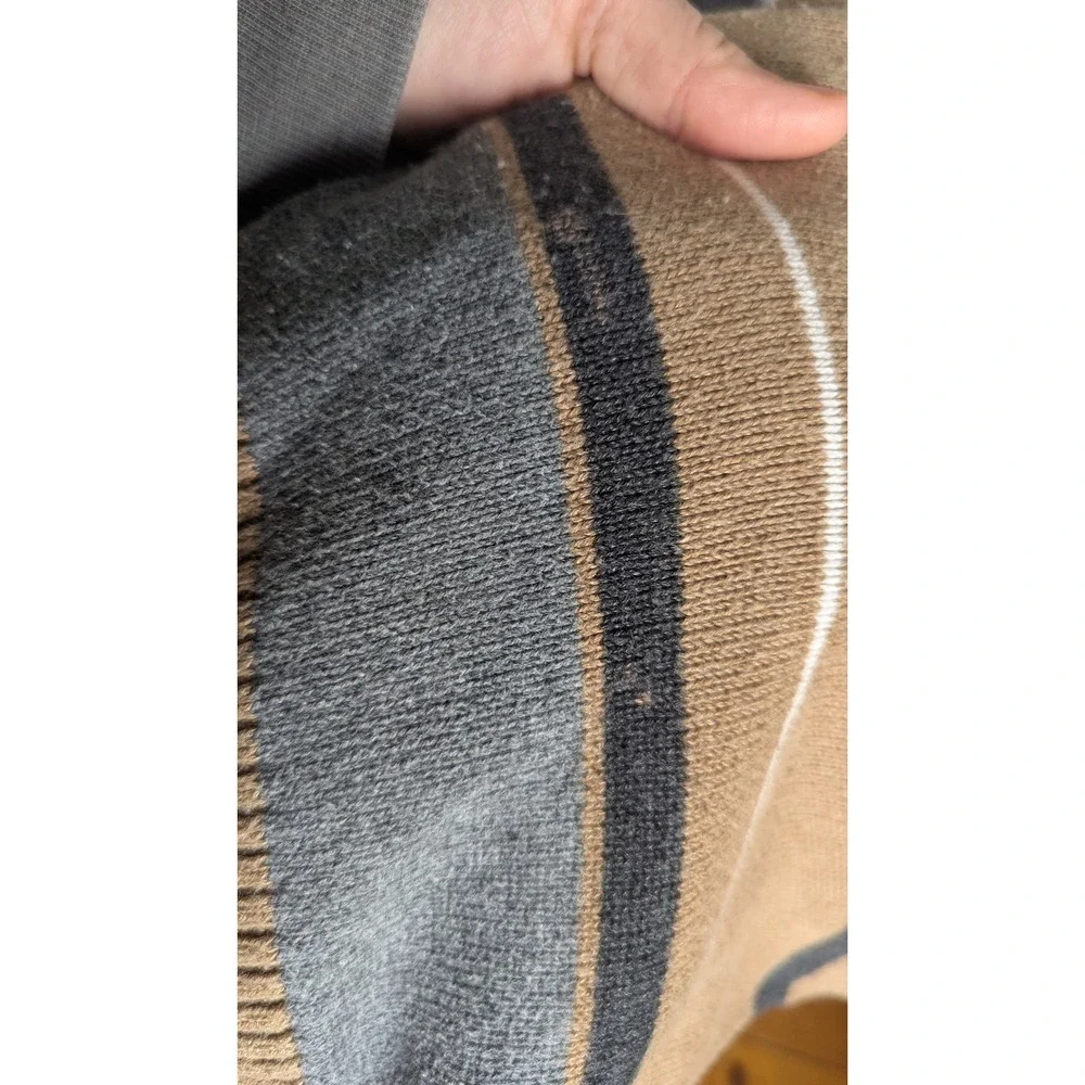 Oscar de la Renta Mens V-Neck Striped Sweater Tan Grey Black Cotton Blend‎ Large